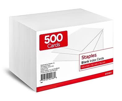 Staples 4 x 6 Index Cards, Blank, White, 500/Pack (TR51011)