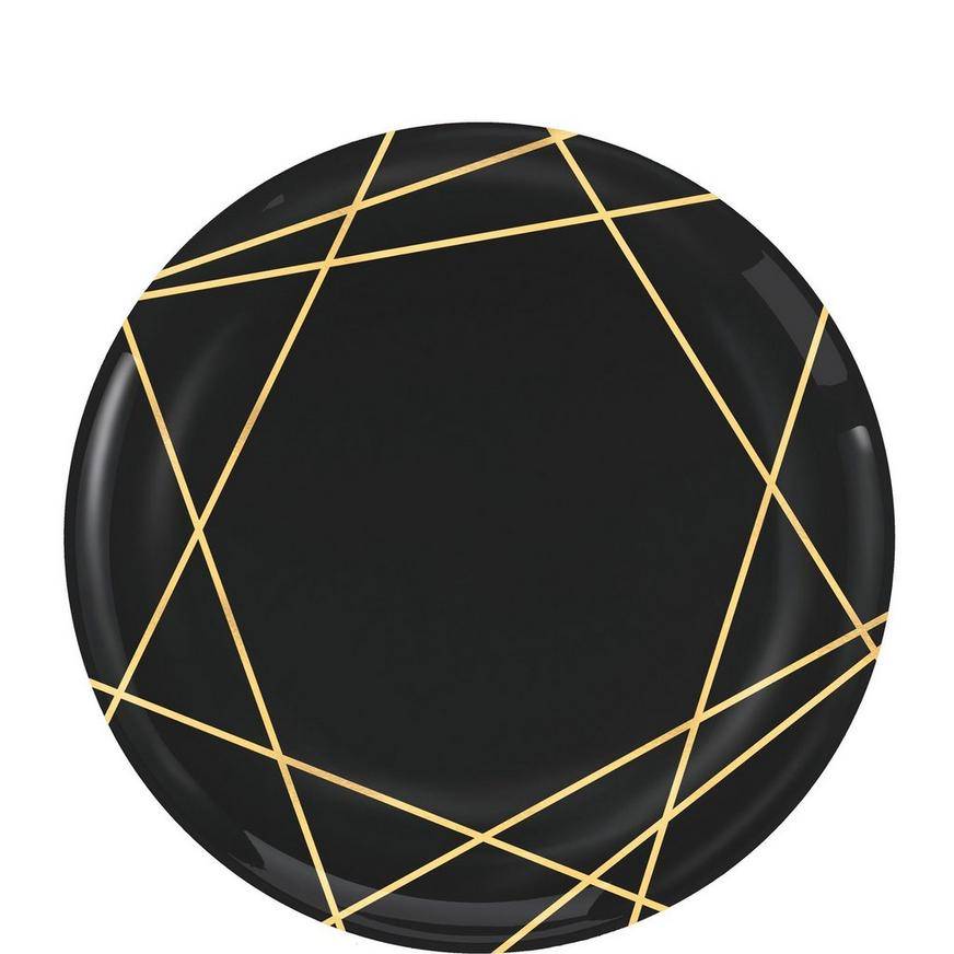 Party City Geometric Premium Plastic Dessert Plates, 7.5 in, Black Gold (20 ct)