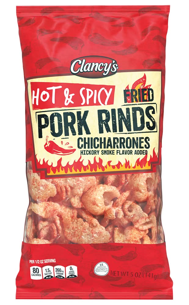 Clancy's Hot & Spicy Fried Pork Rinds, Chicharrones Hickory Smoke (5 oz)