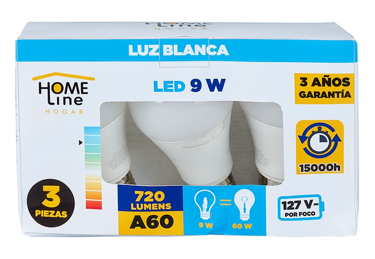 Home Line · Pack foco de luz blanca led 9 w (3 un)