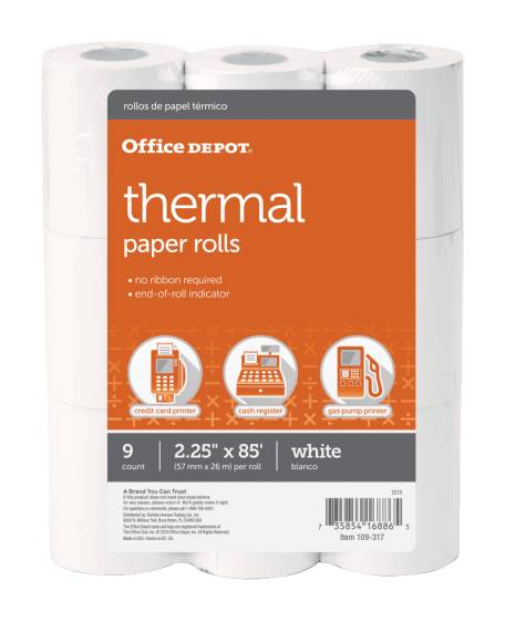 Office Depot® Brand Thermal Paper Rolls, 2-1/4" x 85', White, Pack Of 9