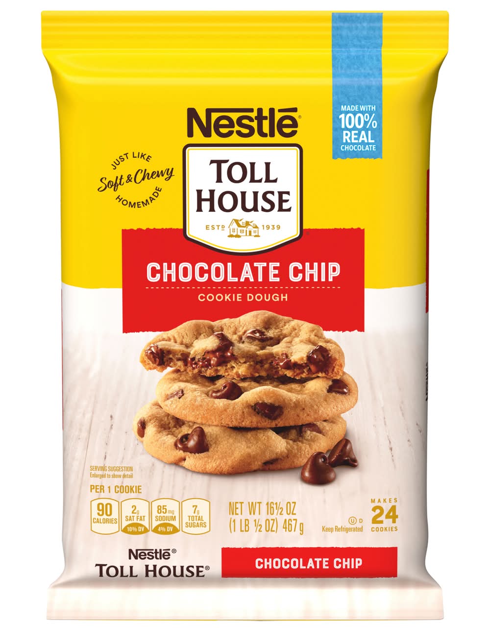 Toll House 100% Real Soft & Chewy Cookie Dough, Chocolate Chip (16.5 oz, 24 ct)