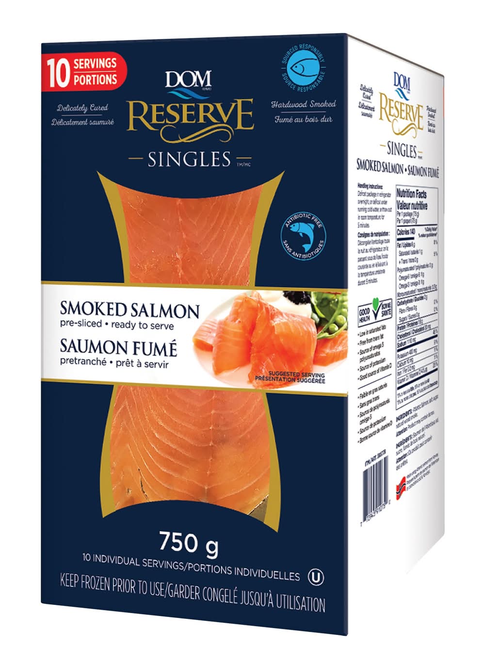 Dom Reserve - Saumon De L’Atlantique Fumé Surgelé, 10 × 75 G / Dom Reserve Frozen Smoked Atlantic Salmon, 10 × 75 G