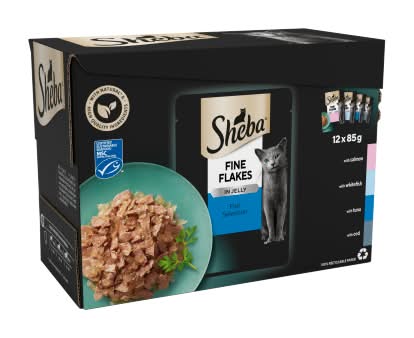 Sheba Fish Selection, Fine Flakes Jelly Wet Cat Food Pouches (12 x 85g)