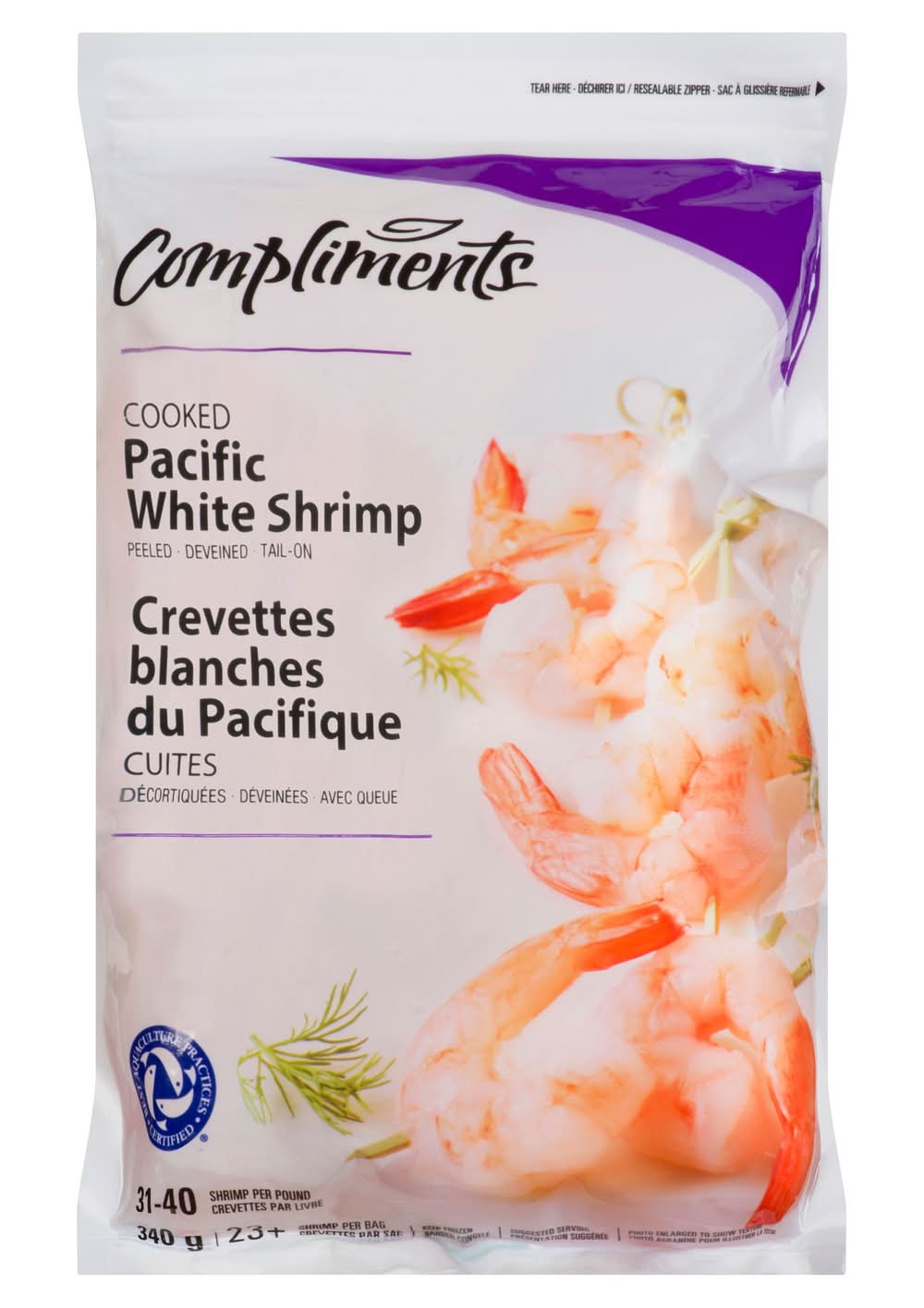 Compliments  crevettes (340 g) - 31-40 count cooked peeled tail on pacific white shrimp (340 g)