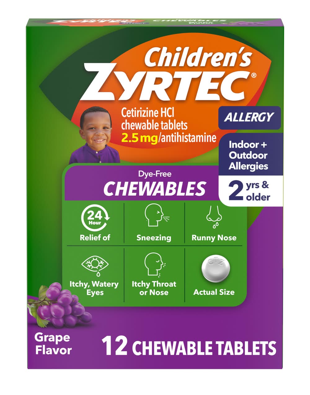 Zyrtec Children's Allergy Dye-Free Chewables, 2 Years & Older, Grape Flavor (12 ct)