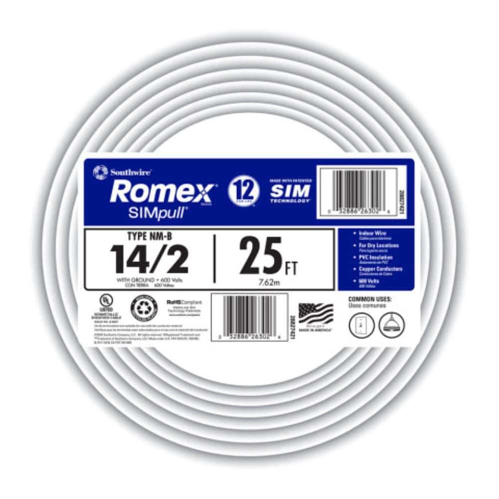 Southwire 25 Ft. 14/2 Solid Romex Simpull Cu Nm-B W/G Wire