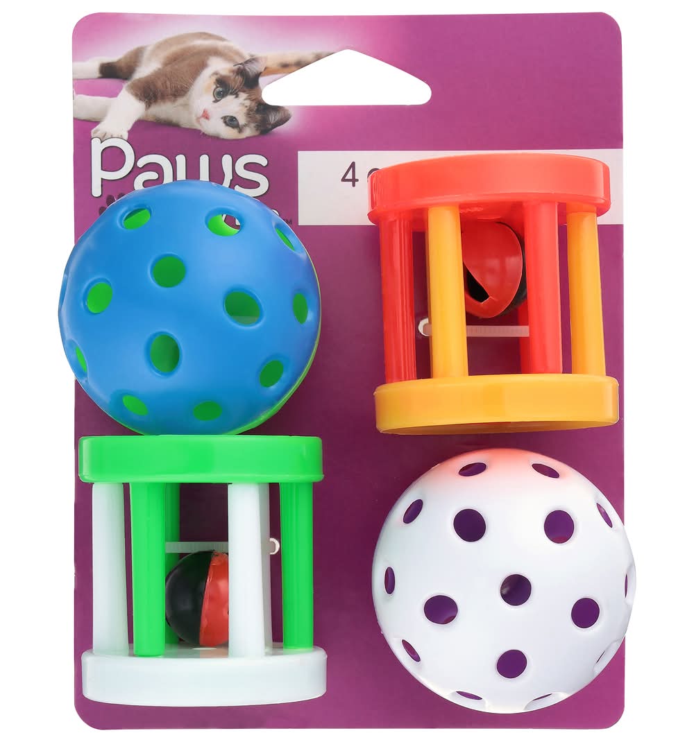 Paws Happy Life Premium Balls and Rollers Cat Toys, Assorted (4 ct)