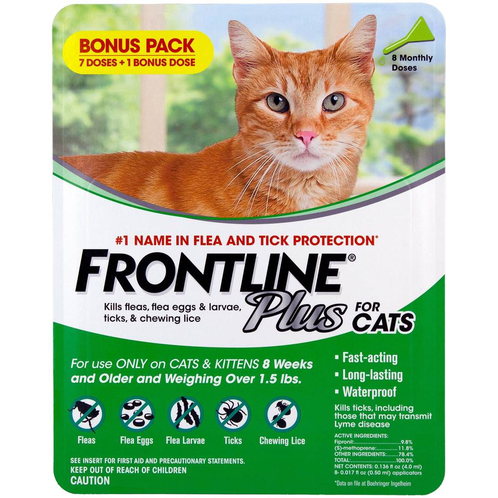 Frontline Plus Flea and Tick Cat Treatment, 7+1 Doses