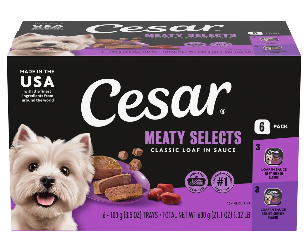 Cesar Meaty Selects Classic Loaf in Sauce Variety pack, Filet Mignon/Grilled Chicken (6 x 3.5 oz)