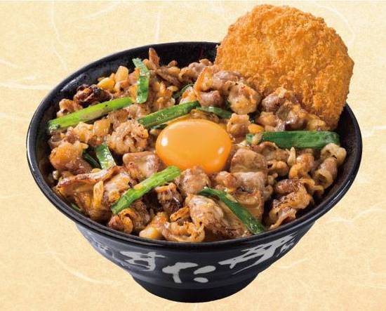 メンチカツ合盛りとんこつ醤油肉盛り牛カルビ丼