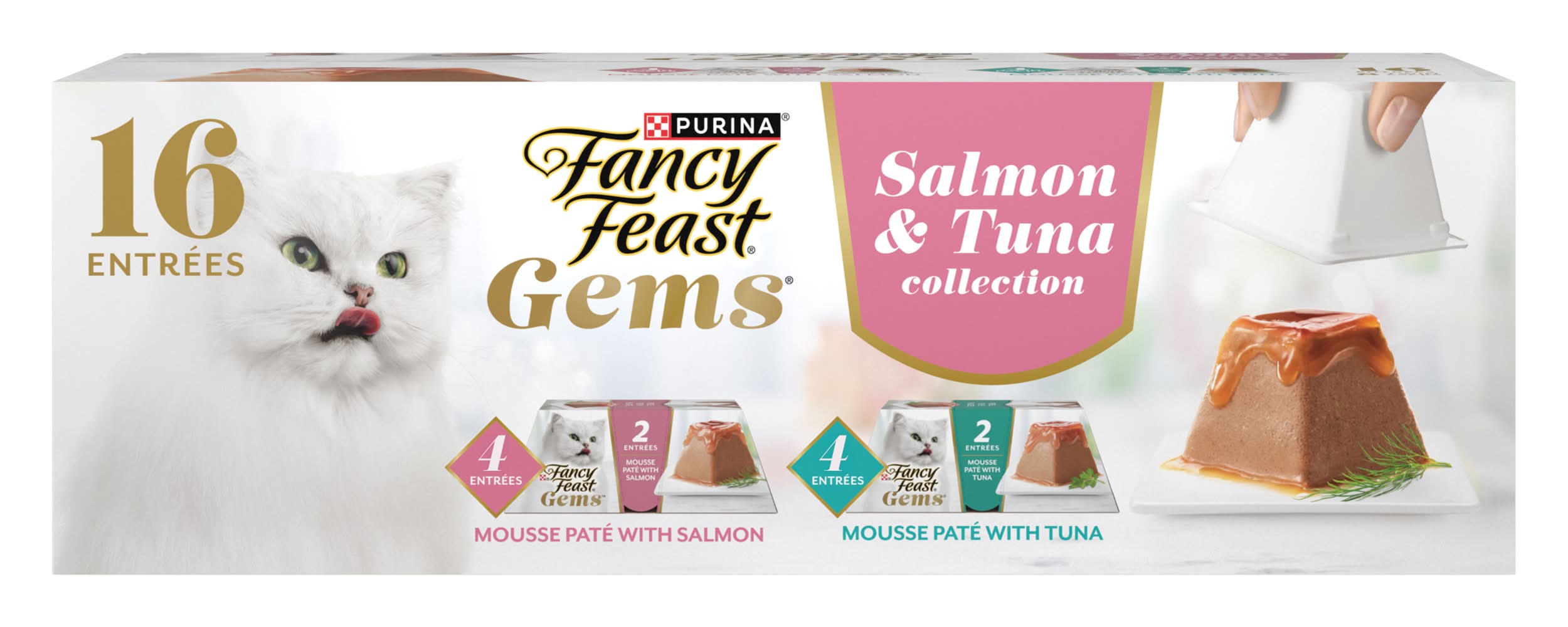Purina Fancy Feast Gems Mousse Paté Topped With Savory Gravy Gourmet Wet Cat Food, Tuna-Salmon (16 x 2 lbs)