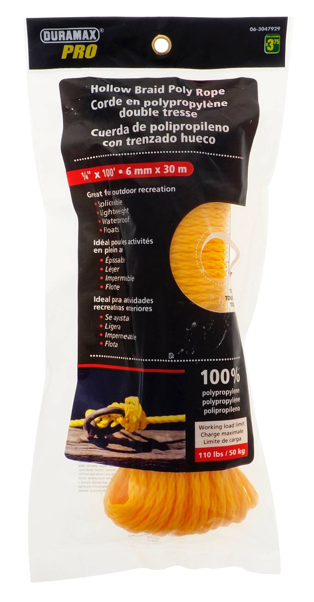 Duramax pro corde en polypropylène à tressage double (6 mm x 30 m) - duramax hollow braid poly rope, 6 mmx3 m, yellow