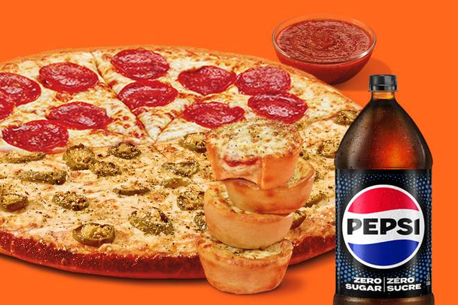 Rival Fan Bundle: Pepperoni Slices-N-Jalapeno Stix with Crazy Sauce, 3 Cheese & Herb Crazy Puffs & 2L Pepsi
