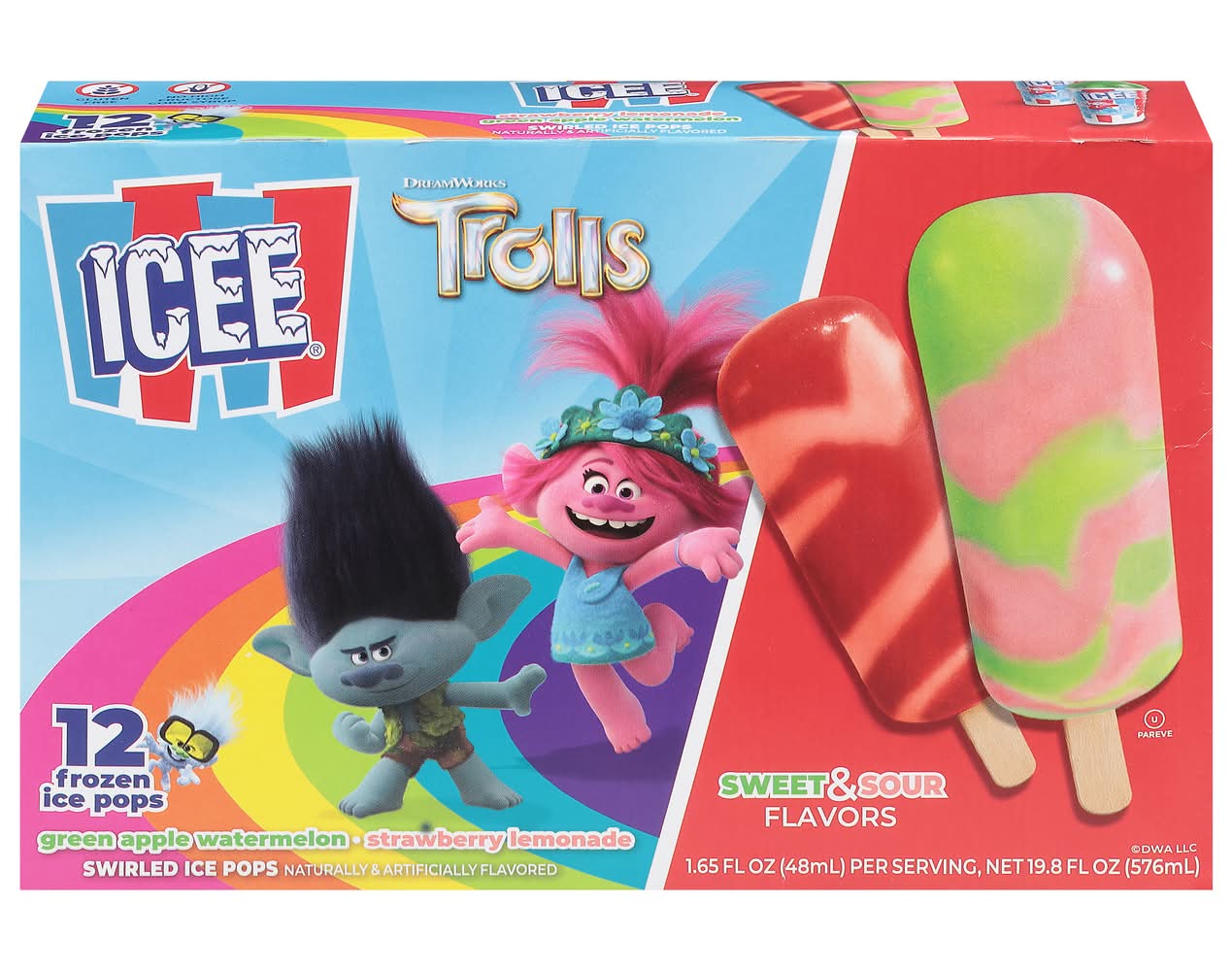 ICEE Dreamworks Trolls Swirled Flavors Ice Pops, Sweet-Sour (9.8 fl oz, 12 ct)