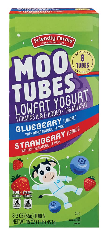 Friendly Farms Moo Tubes Lowfat Yogurt, Strawberry-Blueberry (8 x 2 oz)