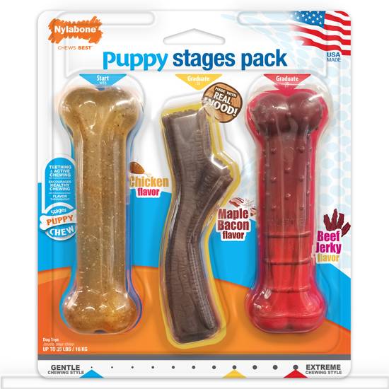 Nylabone Puppy Chew Toys & Treat (medium/wolf/chicken-maple bacon- beef jerky)