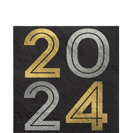 Party City 2024 New Year's Eve Paper Lunch Napkins (unisex/6.5 x 6.5 inches/black-silver-gold)