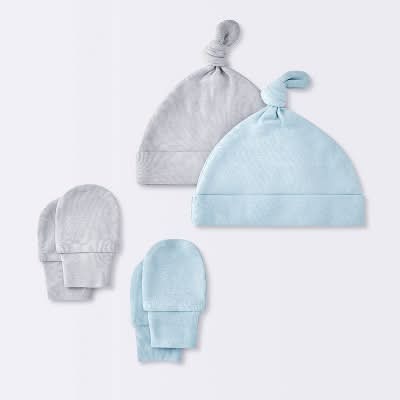 Cloud Island Baby Boys Hat and Mitten Combo Bonnets, 0-3 M, Blue-Grey (4 ct)