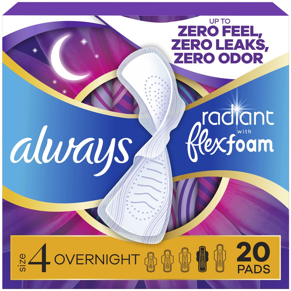 Always Radiant Flexfoam Overnight Absorbency Pads, Light-Clean, Women, 4 (20 ct)