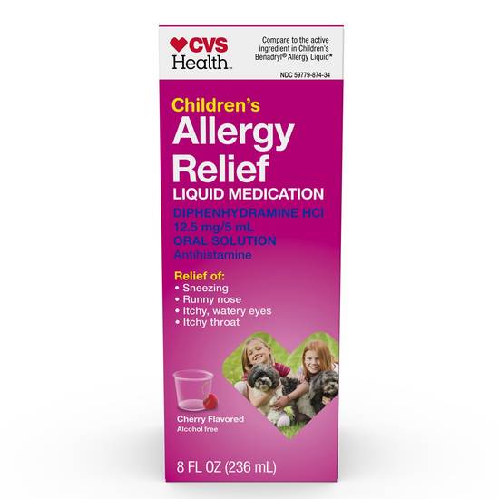 CVS Health Children's Allergy Relief Liquid Diphenhydramine HCl Oral Antihistamine, Cherry, 8 OZ