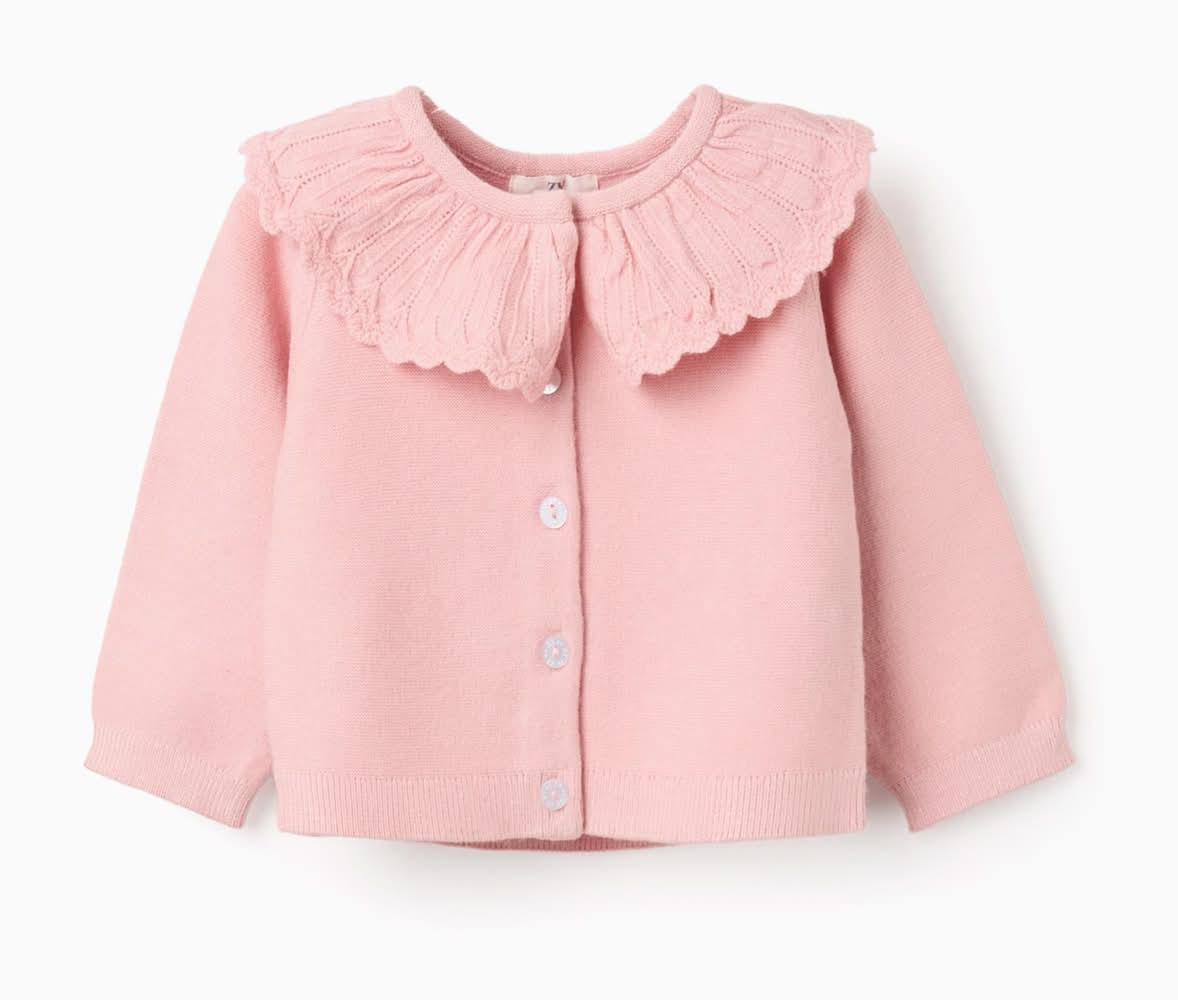 Casaco De Malha Com Gola Ajurada Para Recém-Nascida, Rosa (Rosa Claro - 1/3M)