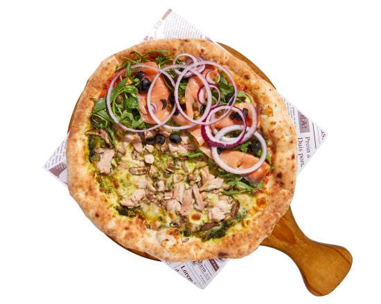 羅勒青醬燻雞野菇及西班牙廣場披薩 Smoked Chicken Pesto Pizza with Pizza di Spagna