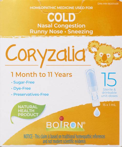 Boiron Coryzalia Cold & Nasal Congestion For Children 1 Months To 11 Years (15 ml, 15 ct)
