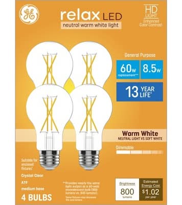 GE Lighting Relax A19 Led Light Warm White Bulbs 60w (4 ct)
