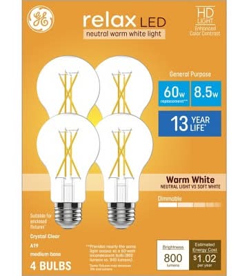 GE Lighting Relax A19 Led Light Warm White Bulbs 60w (4 ct)
