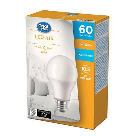 Great Value 60w A19 Soft White Led Bulbs 4-pack (non-dimmable, 800 lumens)