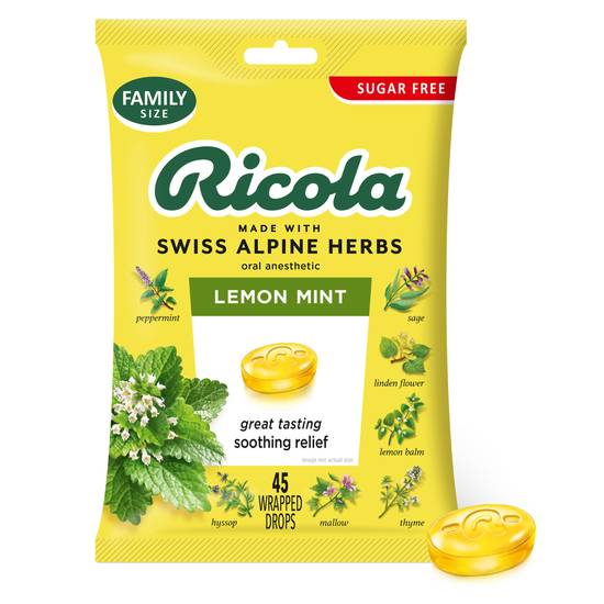 RICOLA Sugar Free Lemon Mint Herb Throat Drops, 45CT