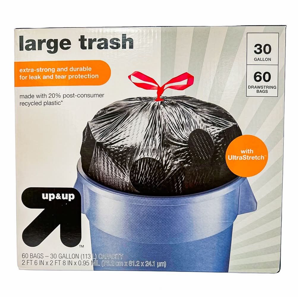 up&up Drawstring Trash Bags Capacity 30 Gal, 2 ft 6 in x 2 ft 8 in x 0.95 mil, Black (60 ct)