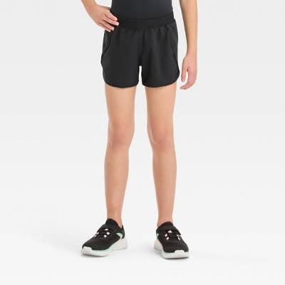 All In Motion Girls' Lightweight High Rise Run Shorts, S, Black