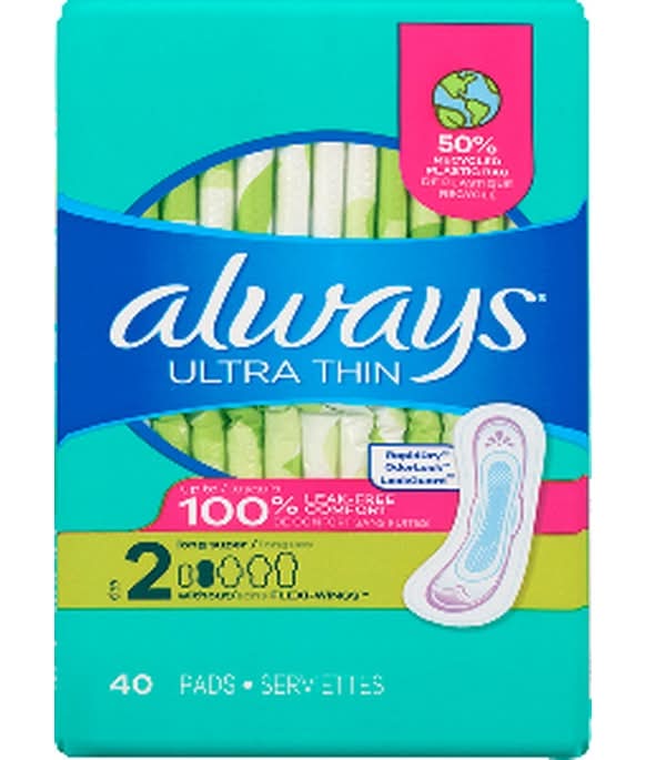 Always Ultra Thin Size 2 Long Super Pads Without Wings Unscented (40 ct)