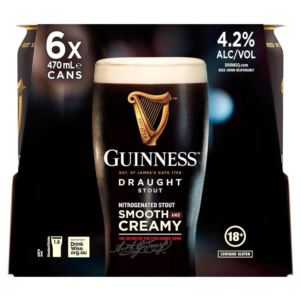 Guinness Smooth & Creamy Draught Stout Beer (6 x 470mL)