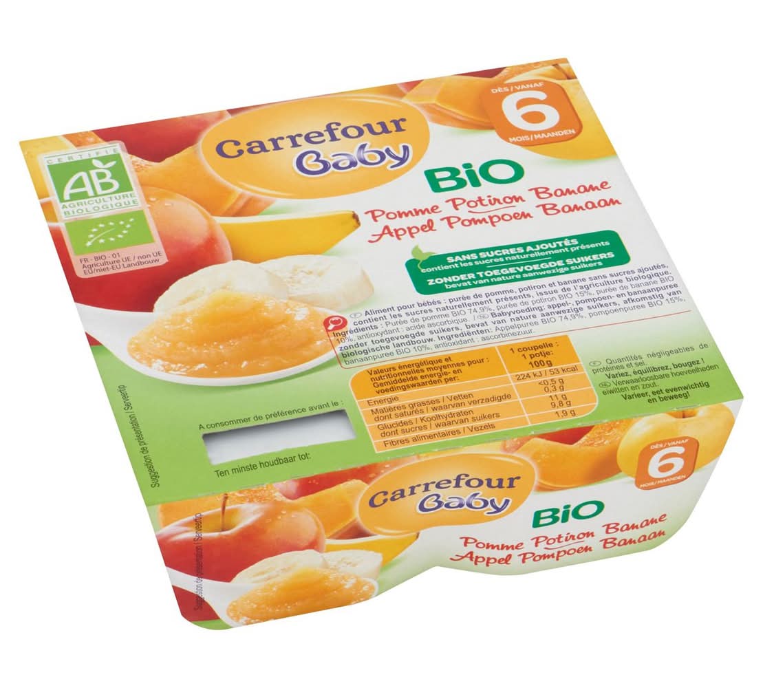 Carrefour Baby Bio Pomme Potiron Banane dès 6 Mois 4 x 100 g