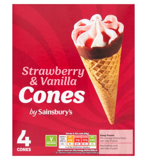 Sainsbury's Strawberry-Vanilla, Cones Ice Cream (4 pack)