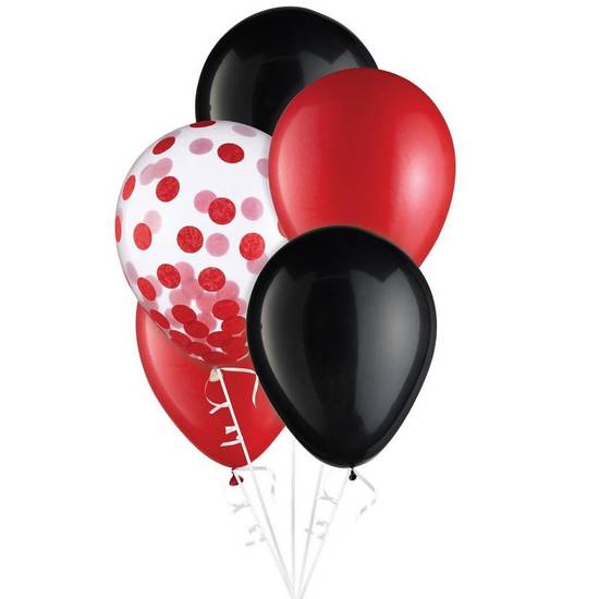 Uninflated 15ct, 11in, School Colors 3-Color Mix Latex Balloons - Red, Black Confetti