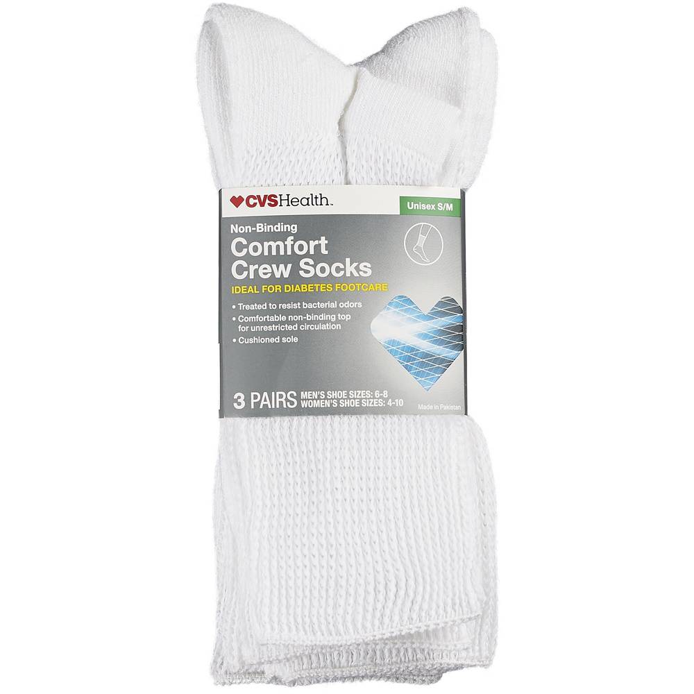 CVS Health Non-Binding Comfort Crew Socks for Diabetics Unisex, 3 Pairs, S/M, White