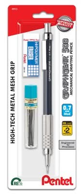 Pentel Auto Drafting Pencil With 0.7mm Lead + Eraser Blue Barrel - : Mechanical Pencils, Stationery, Pocket Clip