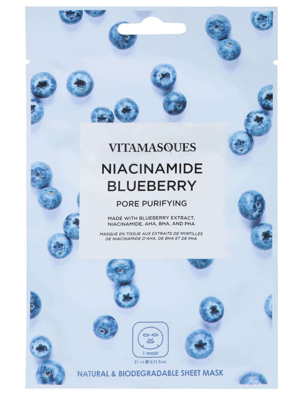 Vitamasques Pore Purifying Niaciamide Natural and Biodegradable Blueberry Sheet Mask (0.71 fl oz)