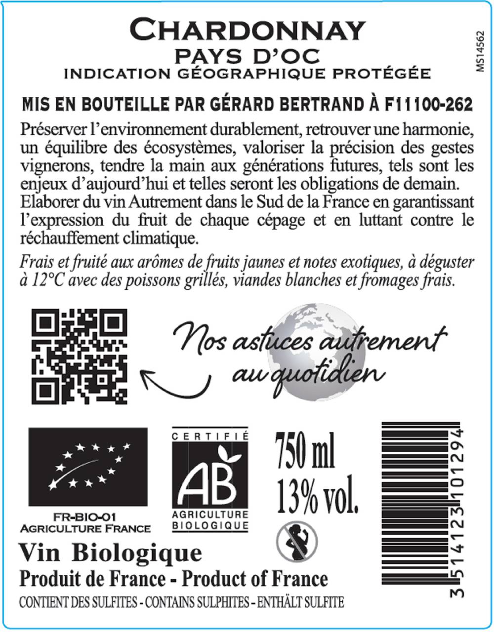 Gerard Bertrand Autrement - Gérard bertrand vin blanc autrement chardonnay IGP pays d'oc bio (750 ml)