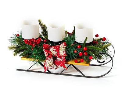 Pine, Bow & Berry LED Candle & Sled Centerpiece