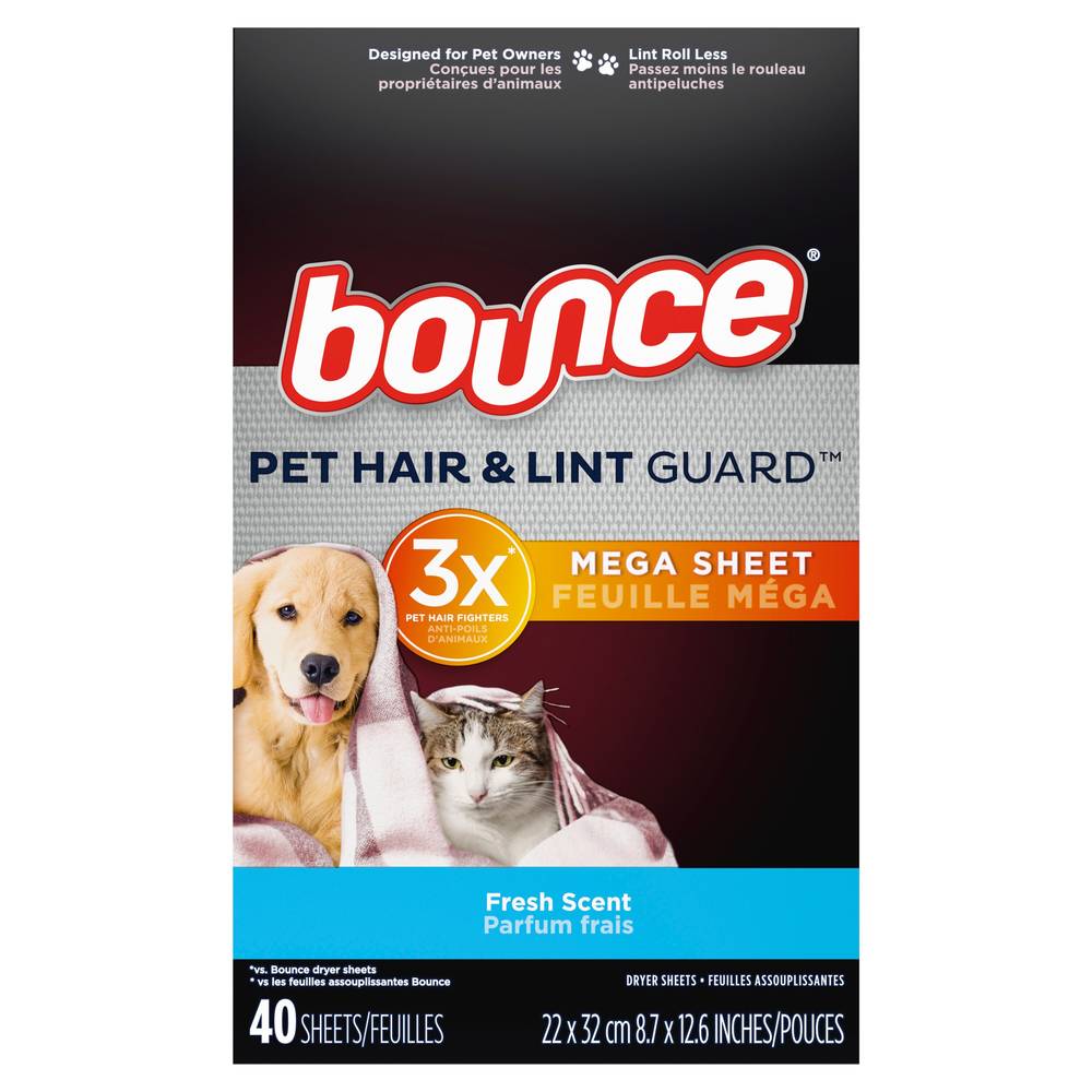Bounce Pet Hair and Lint Guard Mega Dryer Sheets With 3x Pet Hair Fighters (8.7 x 12.6 inch)
