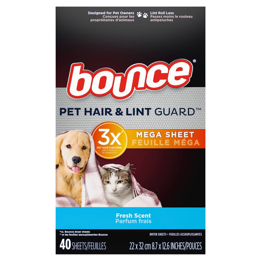 Bounce Pet Hair and Lint Guard Mega Dryer Sheets With 3x Pet Hair Fighters