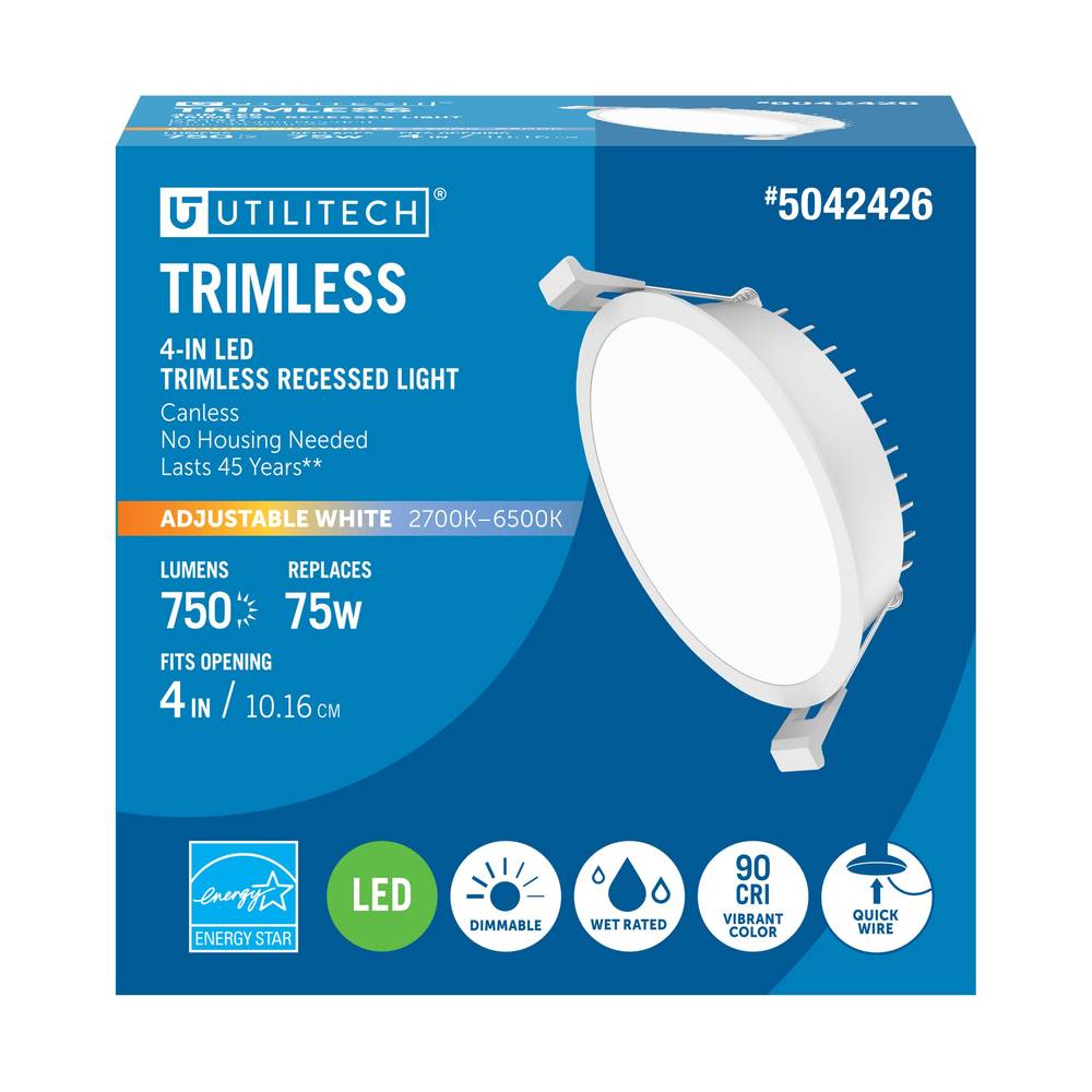 Utilitech Canless Trimless Recessed Downlight White 4-in 750-Lumen Switchable White Round Dimmable LED Canless Recessed Downlight | LLEDR4XT/HO/5CCT/V2