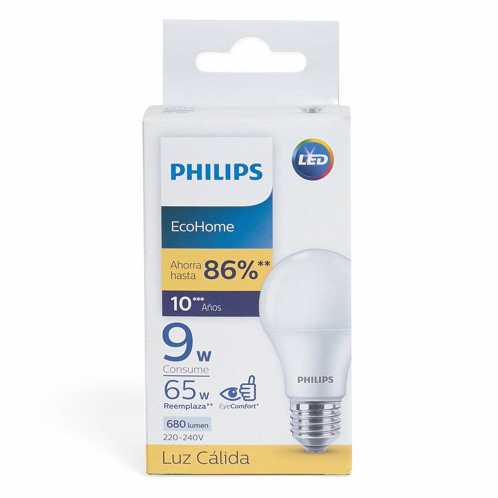 Philips ampolleta led bulb ecohome 9w e27 luz cálida