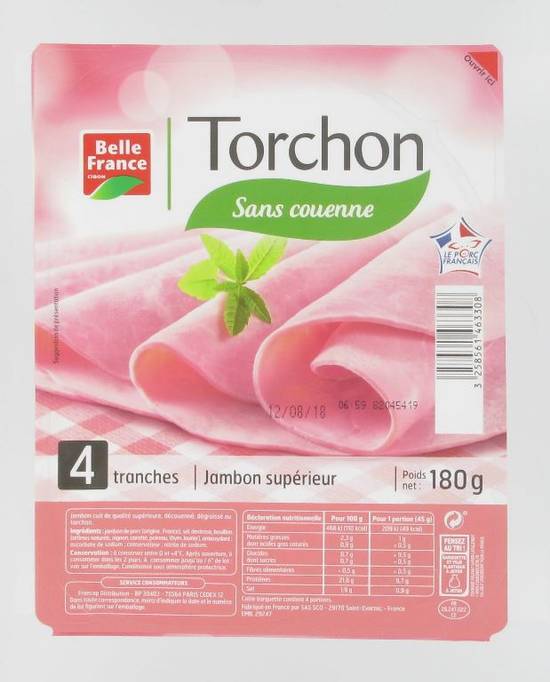 Belle France - Jambon supérieur cuit au torchon sans couenne  (4 pièces)