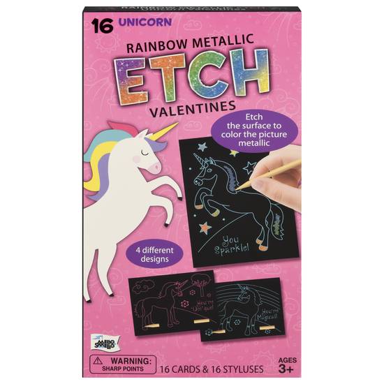 Mello Smello Ages 3+ Unicorn Valentines Rainbow Metallic Etch Cards & Styluses